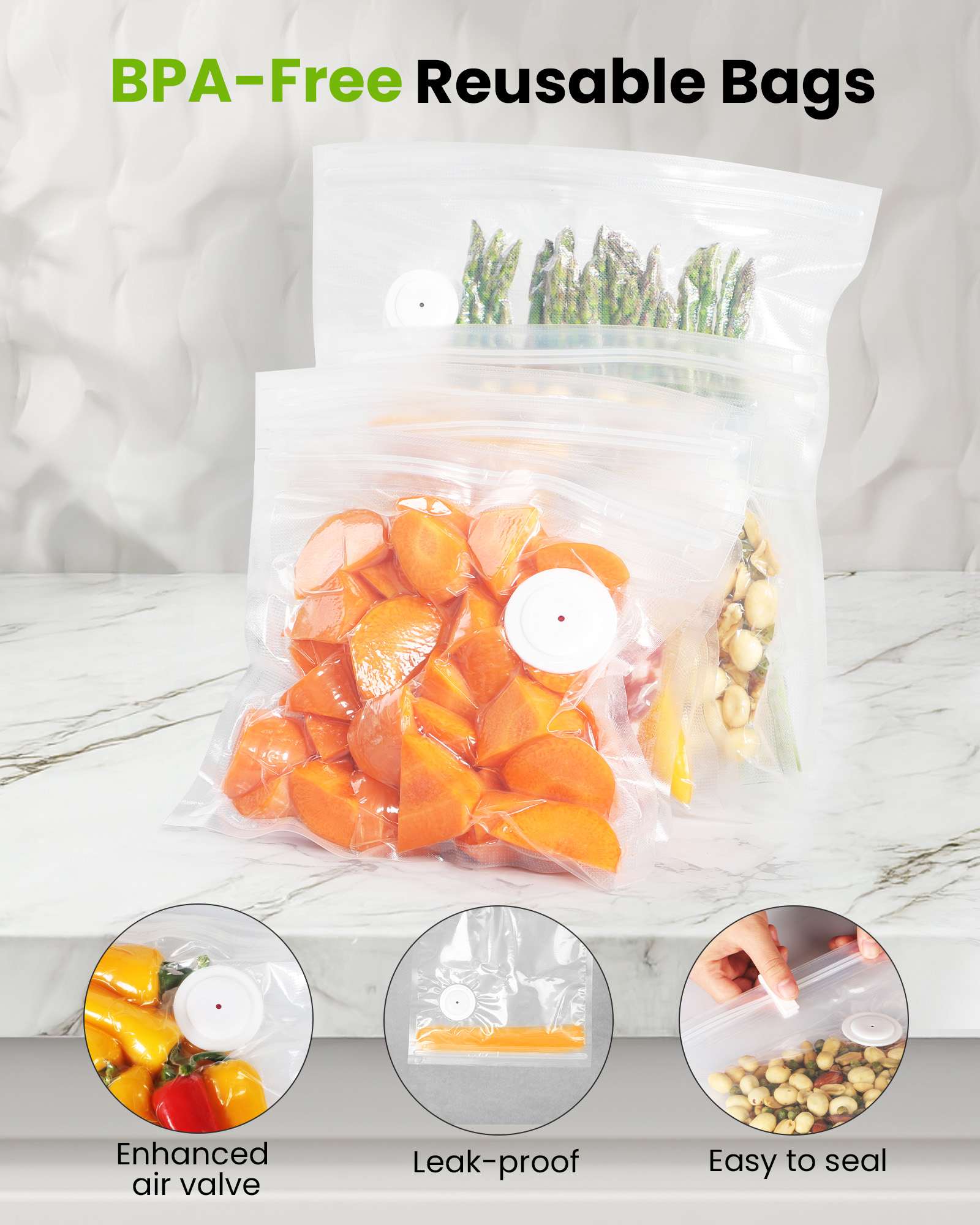 Reusable storage bags filled with vegetables